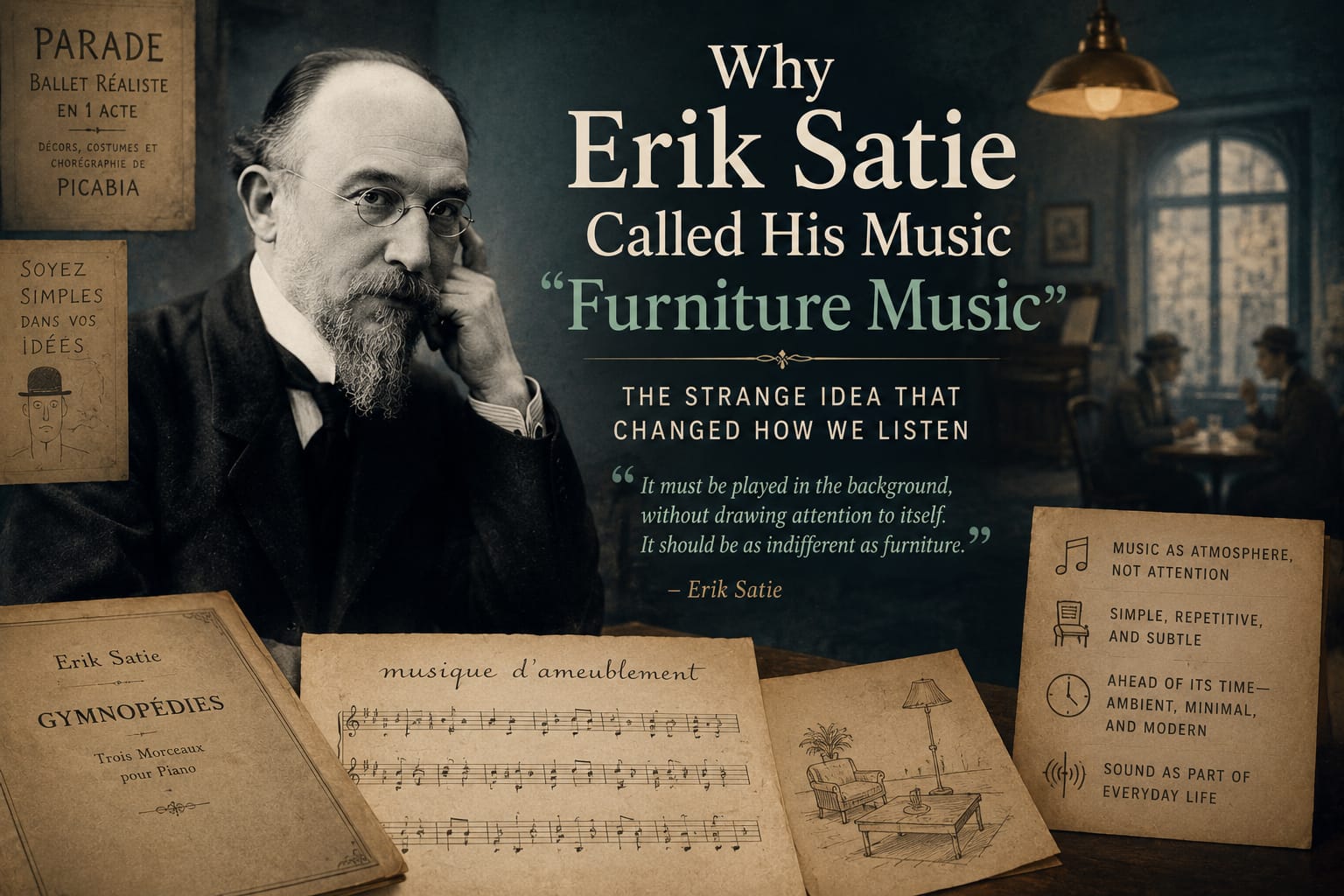 Erik Satie surrounded by minimalist musical sketches representing his concept of furniture music
