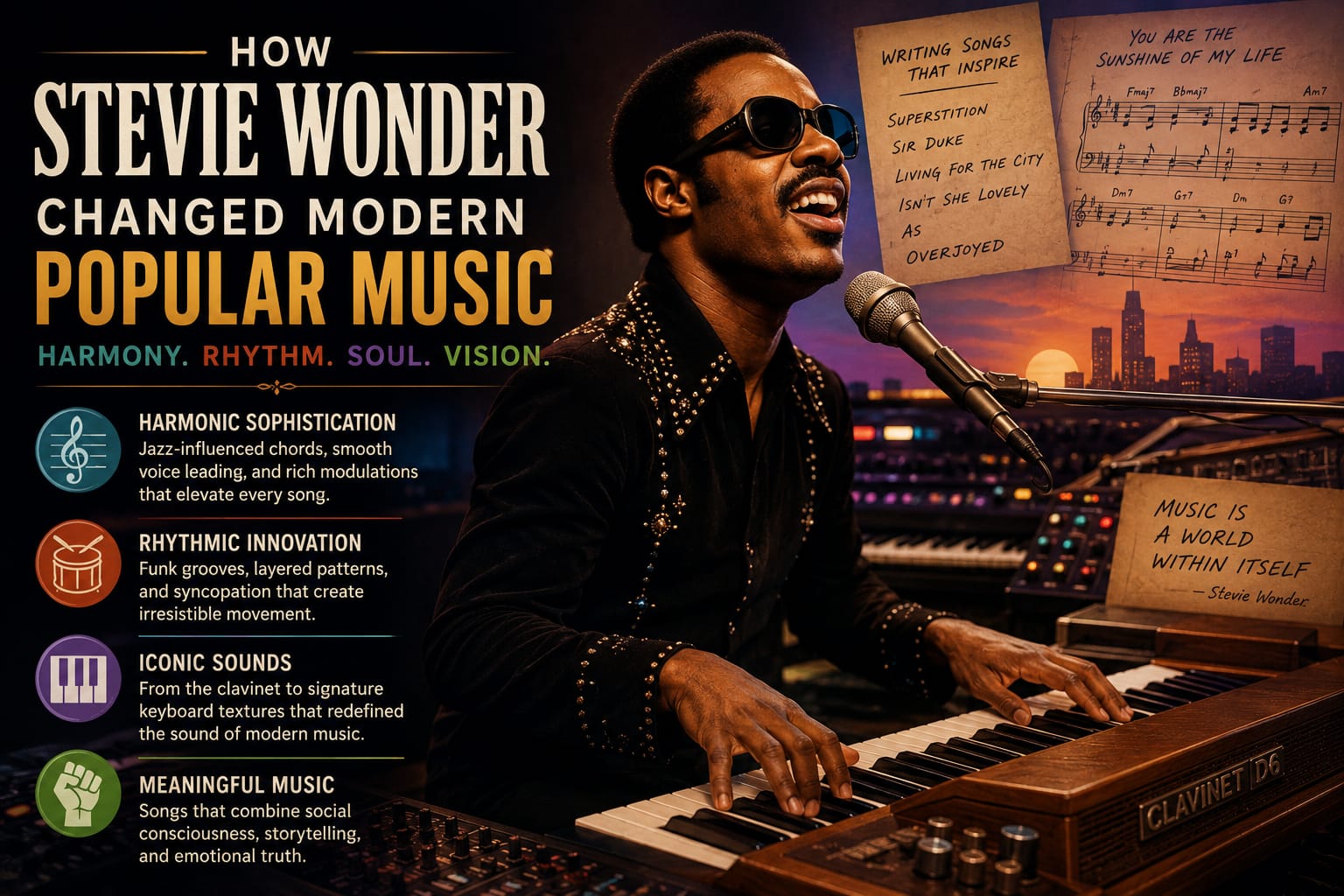 Stevie Wonder performing surrounded by keyboards and colorful studio lights representing groove and harmonic creativity