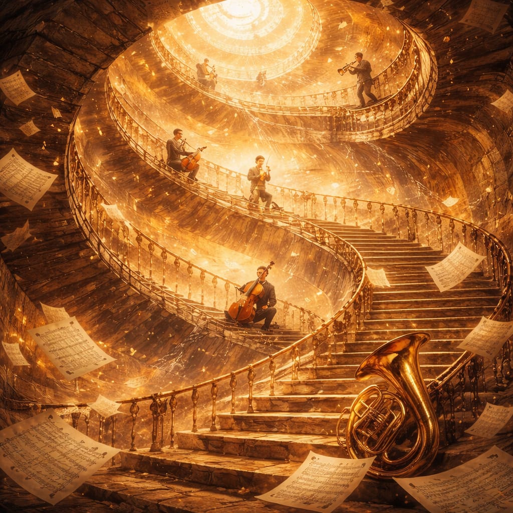 orchestral score spiral stairway circular motion harmonic oscillation composition