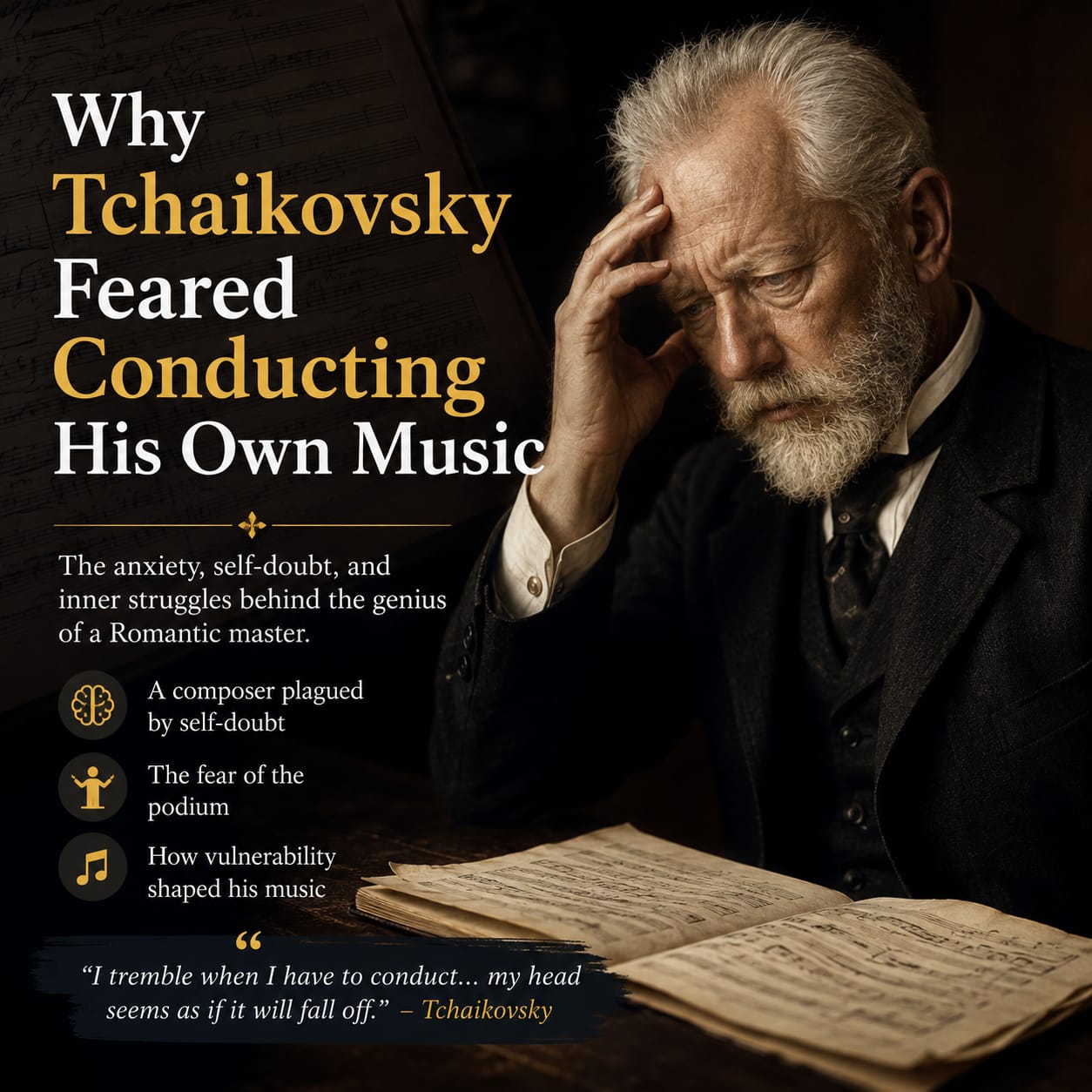 Tchaikovsky sitting anxiously beside orchestral scores reflecting his fear of conducting