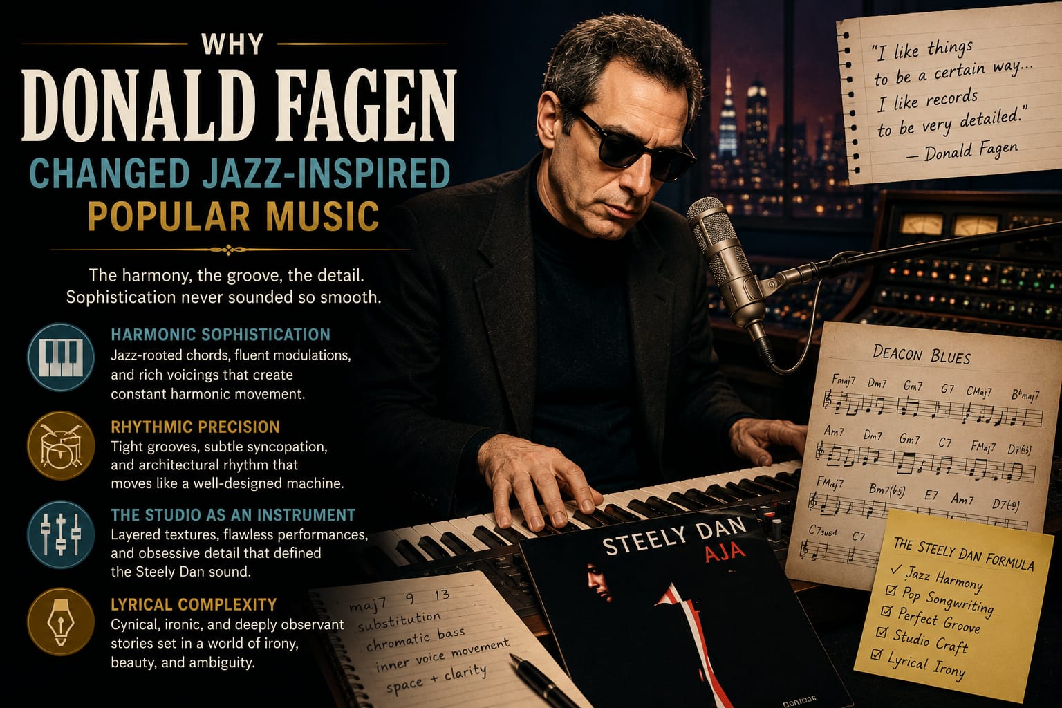 Donald Fagen performing with electric piano and studio equipment surrounded by jazz-inspired harmonic textures