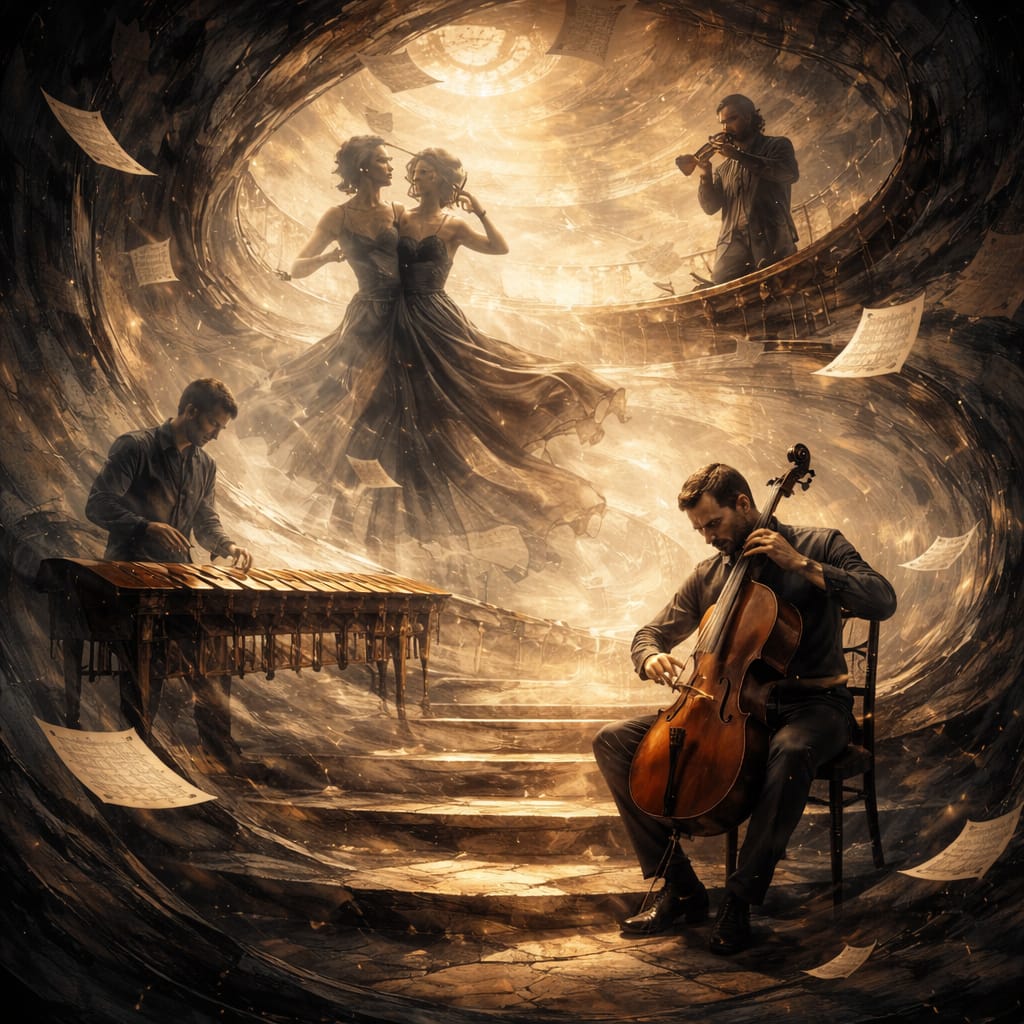 Melancholic orchestral composition tango rhythm fragmented melody white lament