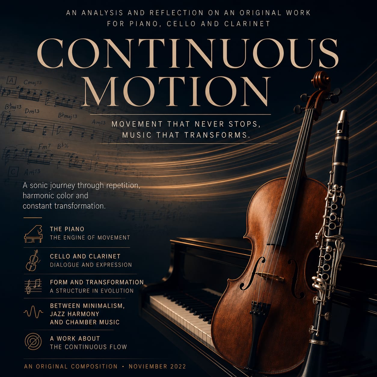 Cover artwork for the article “Inside the Music: Continuous Motion”, featuring piano, cello and clarinet with flowing musical textures and contemporary chamber aesthetics.