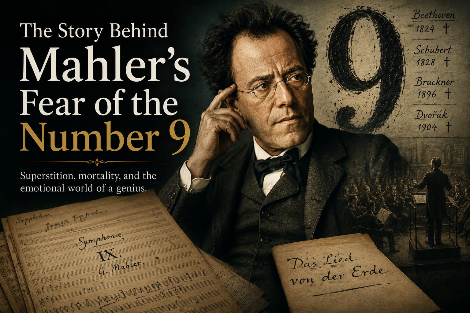 Gustav Mahler surrounded by orchestral manuscripts reflecting anxiety about Symphony No. 9