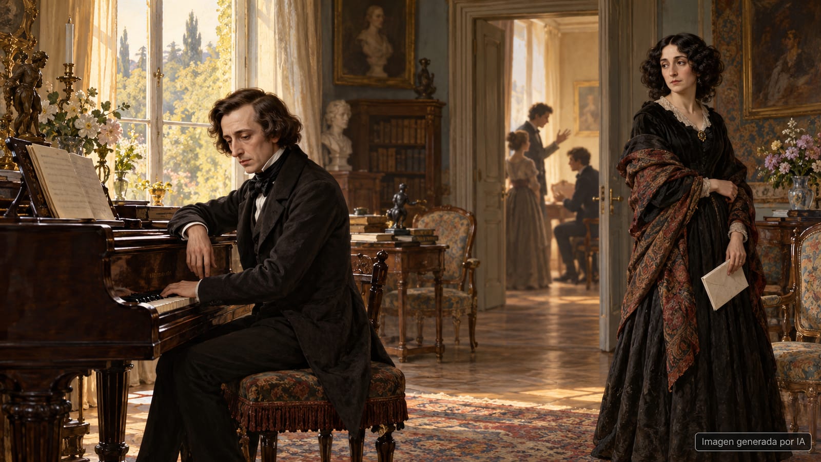 Editorial illustration of Chopin and George Sand growing distant in a Nohant salon, with a letter and family figures in the background.