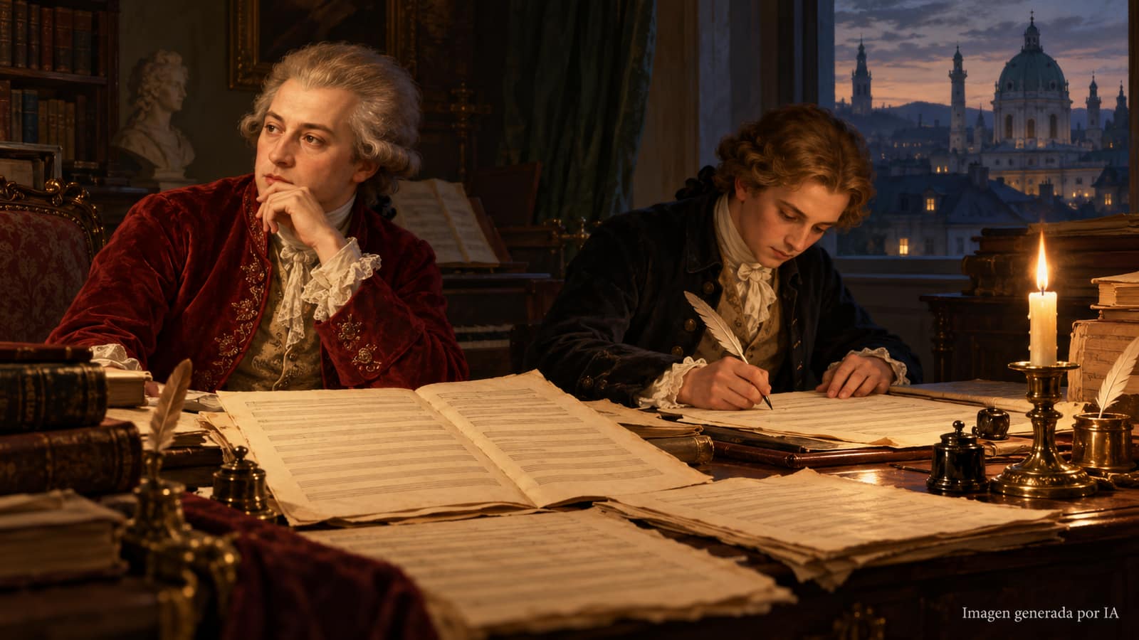 Editorial illustration of Mozart’s unfinished Requiem manuscript being continued by Franz Xaver Süßmayr.