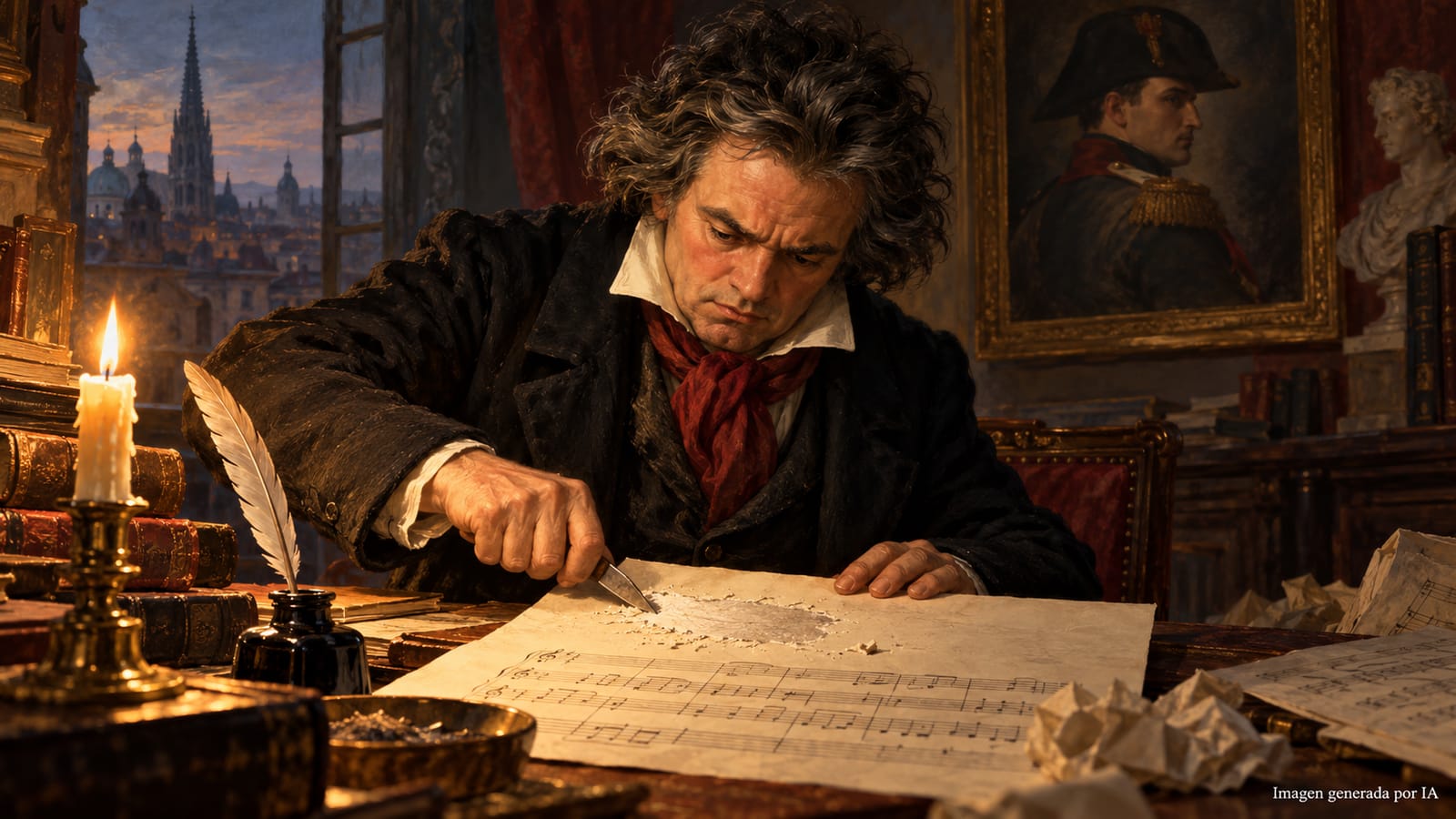 Editorial illustration of Beethoven scraping the Bonaparte title from the Eroica manuscript.