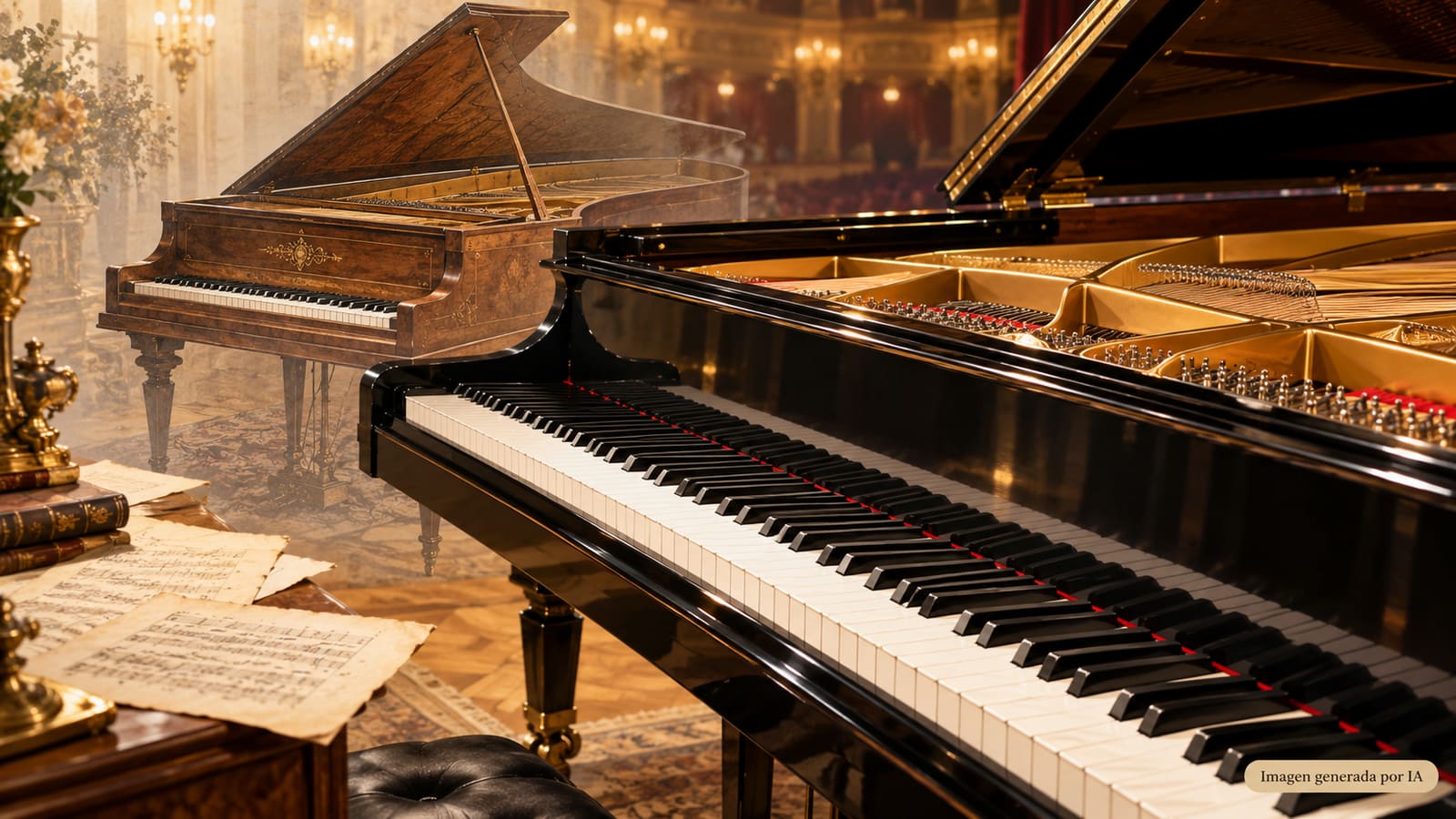 Illustration comparing an early short-keyboard piano with a modern grand piano and its full keyboard.